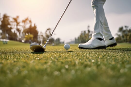 Extremely low-angle, close-up shot of a golf ball and a driver club head on damp grass, highlighting the moment before the swing against a warm, sunlit background