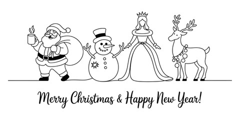 Festive line art illustration with santa claus, snowman, winter queen, and reindeer, wishing merry christmas and happy new year holiday Vector
