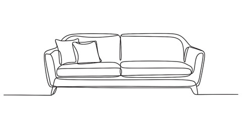Continuous one line drawing of a modern minimalist living room sofa with two soft cushions. stylish furniture design element in simple black outline art style on white. Vector