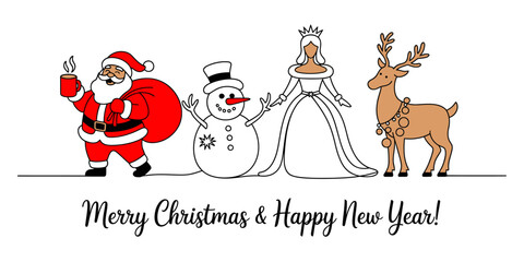 Cheerful festive line art illustration featuring santa claus, a snowman, a winter princess, and a reindeer for holiday greetings and seasonal joy Vector
