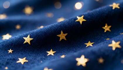 Close-up of gold glitter stars on a dark blue fabric texture. Festive holiday pattern with sparkling details. Magical Christmas and New Year background concept