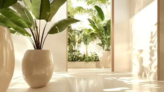 Sunlight streams through a modern hallway illuminating potted plants.