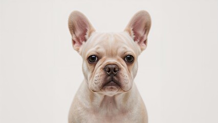 French Bulldog puppy with big ears and expressive eyes, looking directly at the camera with a neutral background.