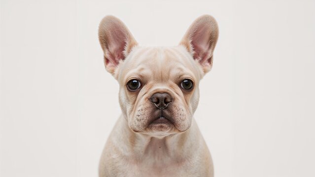 French Bulldog puppy with big ears and expressive eyes, looking directly at the camera with a neutral background.
