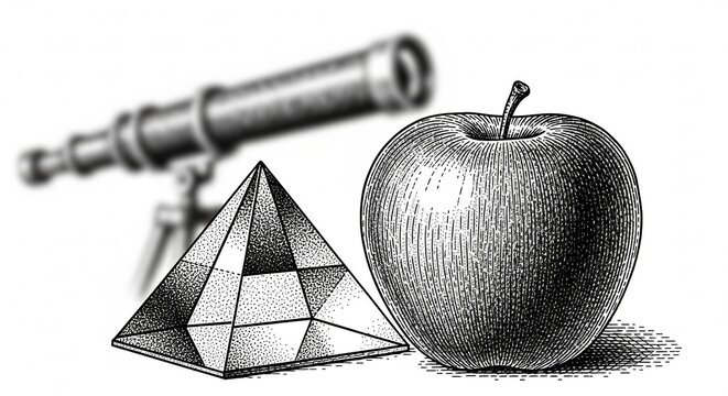 Black and white vintage engraving of apple and prism with telescope, symbolic of Newton Day discovery and scientific insight