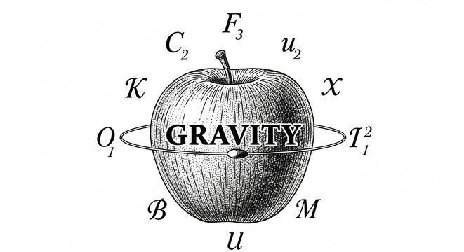 Vintage black and white ink illustration of gravity apple with physics symbols, scientific etching on white background, representing Newton Day and gravity concepts