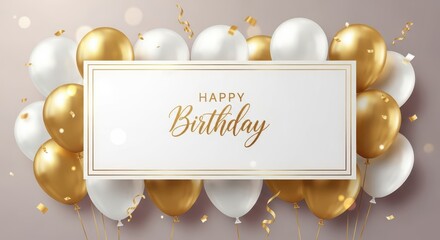 Luxury Happy Birthday Greeting Card or Banner with Golden and White Balloons