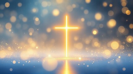 Glowing Christian cross on an abstract background. Spiritual symbol of faith and hope with bokeh lights. Religious concept for Christmas and Easter