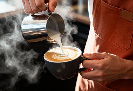 A barista's hands pouring steamed milk to create latte art in a coffee cup. Close-up of a professional making a hot cappuccino with rising steam in a cafe