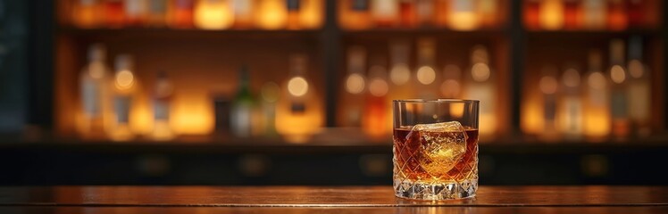 Elegant glass of whiskey sits on bar top with dark wood surface. Ice cube cools brown liquor in tumbler against blurred bottle shelf backdrop at night. Enjoy premium alcohol drink.