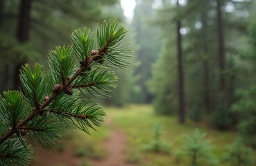 Close up of fresh green pine branch with small brown cones in vibrant forest. Healthy evergreen needles catch soft light. Soft blurred background features tranquil woodland path leading into dense