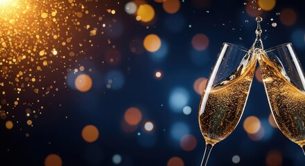 Two Champagne Glasses Toasting with Splash Effect on a Dark Blue Background with Golden Glitter and Bokeh Lights, Celebrating New Year's Eve or Anniversary