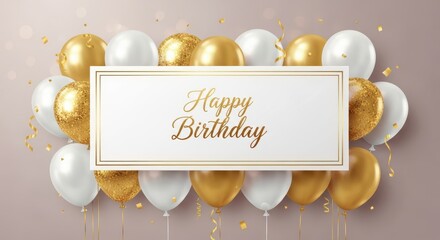 Luxury Happy Birthday Greeting Card or Banner with Golden and White Balloons, Confetti, and Elegant Gold Frame on a Soft Background