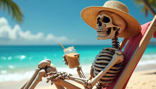 Skeleton sits in beach chair on tropical coast. Skull in hat chills on vacation holding drink. Bone guy enjoys resort views. Funny dead man relaxes near blue sea water on sunny summer day.