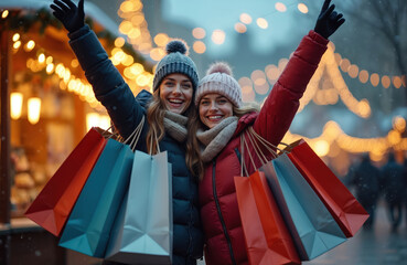 Two happy young women friends carrying shopping bags outside on city street at night. Wear warm winter clothes, hats, smiling widely with raised arms. Festive lights twinkle in background during
