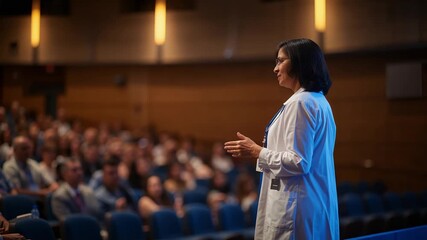 Female doctor explains community health on wold conference stage - Powered by Adobe