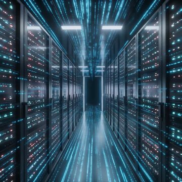 Digital information flows through the network and data servers. Server room of a data center or Internet service provider. 5G data center with high speed internet connection. Smooth camera motion.