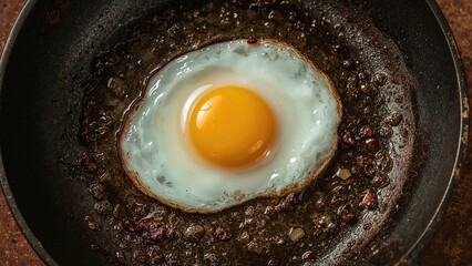 Fried egg in a pan with crispy edges and browned bits, close-up view.