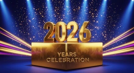 2026 Years Celebration Golden Text on a Square Stage Podium with Blue Spotlights, Confetti, and Dynamic Light Beams for New Year or Anniversary Event