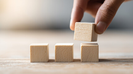 Person placing last cube on top of stacked blocks