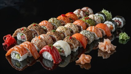 Assorted sushi rolls with various ingredients and toppings arranged on a black surface, garnished with ginger and wasabi.