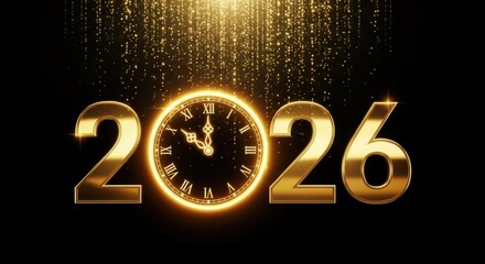 Happy New Year 2026 Golden Text with Clock Striking Midnight, Glittering Dust, and Luxury Black Background for Countdown or Celebration Banner