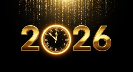 Happy New Year 2026 Golden Text with Clock Striking Midnight, Glittering Dust, and Luxury Black Background for Countdown or Celebration Banner