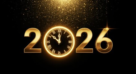 Happy New Year 2026 Golden Text with Clock Striking Midnight, Glittering Dust, and Luxury Black Background for Countdown or Celebration Banner