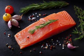 a whole raw salmon fillet on a dark background with spices and vegetables, top view. fishing products for cooking or menu design concept.