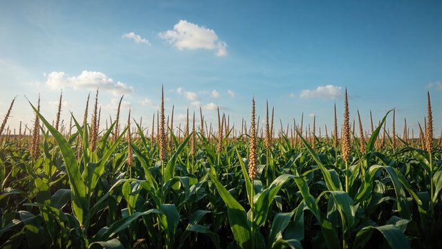 Cornfield in the summer with green tall maize plants and blue sky, agriculture and farming, crop growth, rural landscape