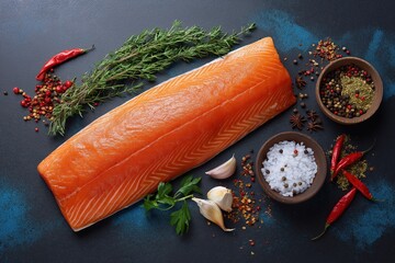a whole raw salmon fillet on a dark background with spices and vegetables, top view. fishing products for cooking or menu design concept.