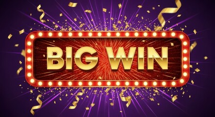 Big Win Gold Text in a Glowing Retro Marquee Sign with Confetti and Purple Radial Light Rays Background for Casino, Game, Jackpot, or Success