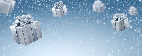 abstract background with falling snow and silver gift boxes, light blue color, silver ribbon bows flying in the air, white space in the center of the composition.