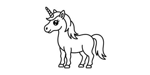 Unicorn cartoon line art illustration. simple black outline mythical creature graphic design element for children's projects and fantasy themes. Vector