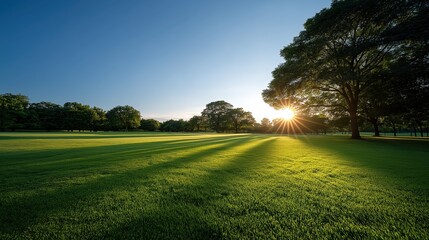 beautiful green grass field in the park with trees and blue sky at sunset. beautiful nature landscape background of a golf course. sunbeams shining through the clouds, a real photograph.