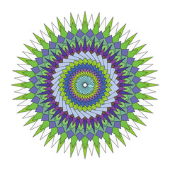 Colorful circular pattern with layered geometric shapes and vibrant hues