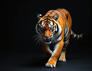 Majestic tiger stalks forward on dark background. Big cat prowls looking alert. Strong predator walks confidently with powerful build. Detailed fur patterns contrast black backdrop in studio.