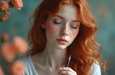 Young redhead woman with freckles, eyes closed, holds pen near soft focus pink flowers. Pensive girl thinks, creates art or writes poetry. Calm peaceful mood, feminine beauty.