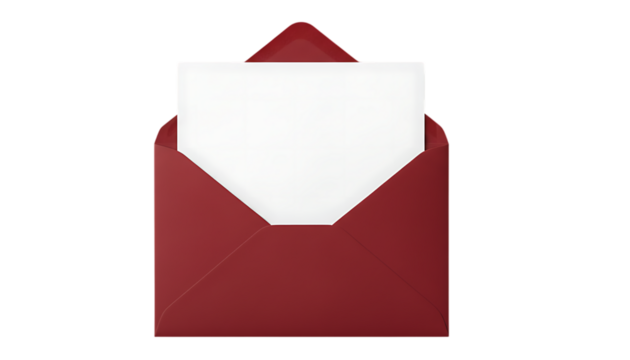 A red envelope is open with a white blank card peeking out from inside.