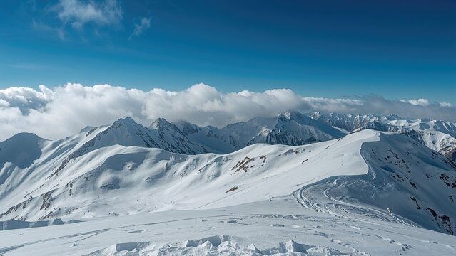 Snow-covered mountain range with clouds and blue sky, showcasing pristine winter landscape.