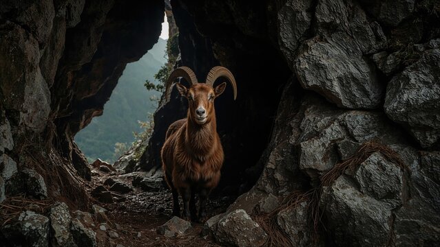 A goat with curved horns standing inside a rocky cave entrance. Nature and wildlife, mountain terrain, wildlife photography. The concept of wildlife and mountain habitats. - Powered by Adobe