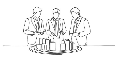 Continuous line drawing of three businessmen discussing real estate development and urban planning, reviewing a miniature city model collaboratively. Vector