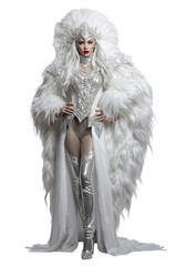 Fototapeta premium Elegant Performer in White Costume Poses Confidently During a Winter-Themed Event