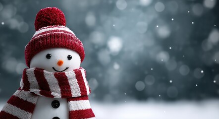 photo of a smiling snowman wearing a red and white striped scarf and hat