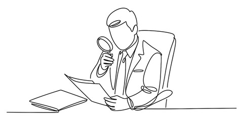 Continuous line drawing of a businessman meticulously examining documents with a magnifying glass, symbolizing detailed analysis. Vector