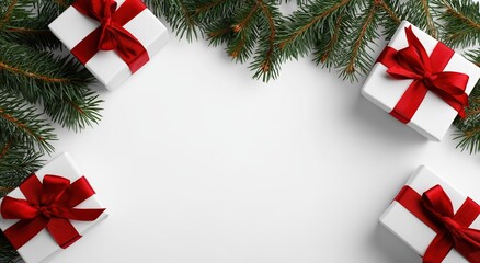 christmas and new year background with white gift boxes, red ribbons, christmas tree branches, and decorations on the edges of the photo. flat lay, top view with space for text or decoration. 