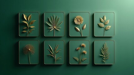 Botanical golden leaves and flowers on green background