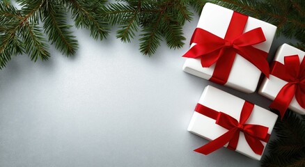 christmas and new year background with white gift boxes, red ribbons, christmas tree branches, and decorations on the edges of the photo. flat lay, top view with space for text or decoration. 