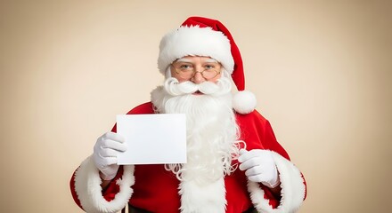 Santa Claus holding a blank white sign for messages or wishes during the holiday season