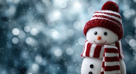 photo of a smiling snowman wearing a red and white striped scarf and hat